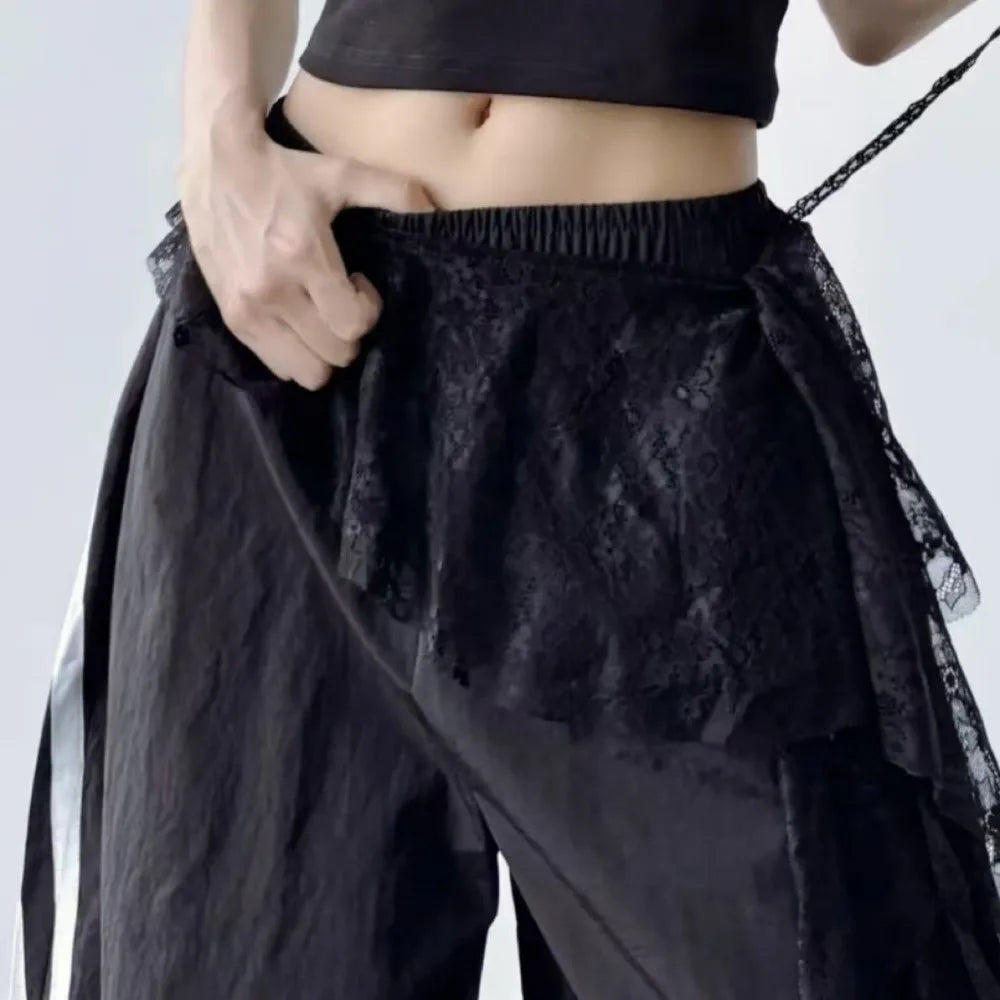 pantalon femme noir dentelle blanche asymétrique décontracté moderne étirable été festival carnaval