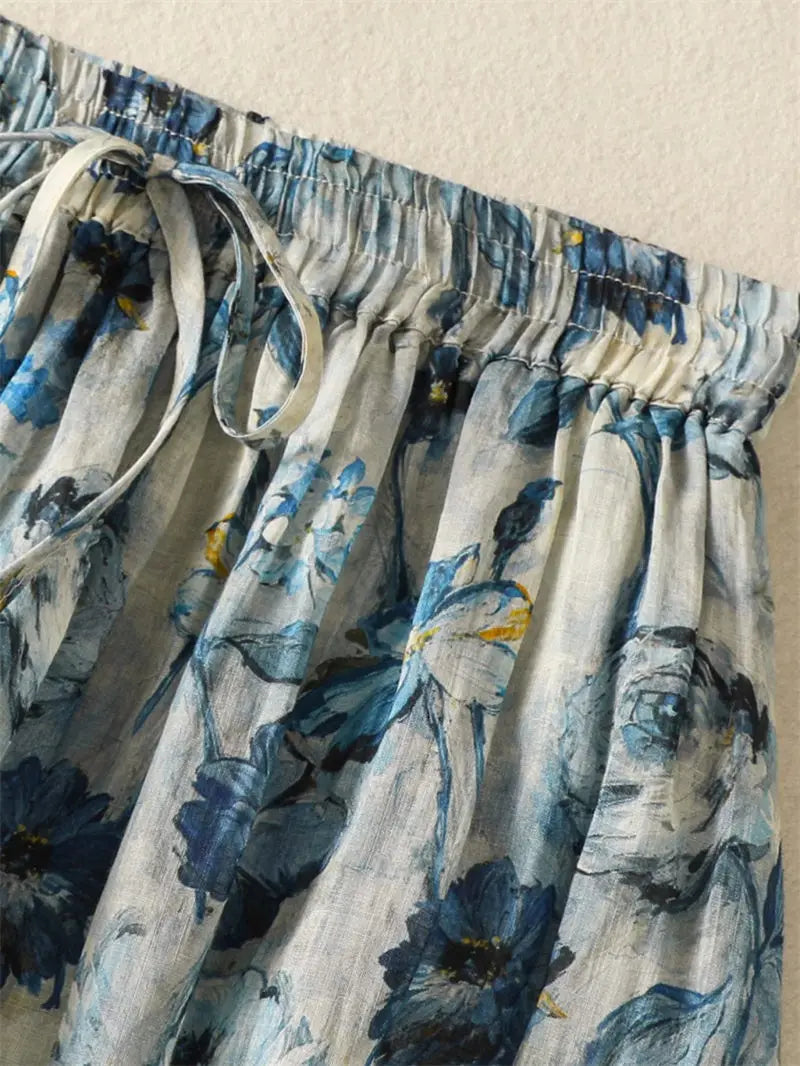 Jupe lin polyester fleur imprimée décontracté casual blanc bleu gris été