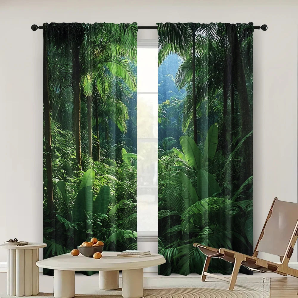 rideau forêt tropicale feuilles palmier vert noir polyester moderne opacité 75x166cm 105x230cm 130x210cm