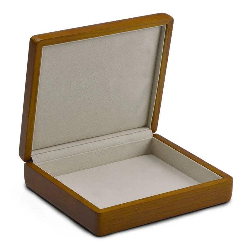 boîte bijoux bois marron clair classique rangement anneaux simili cuir 16x18cm