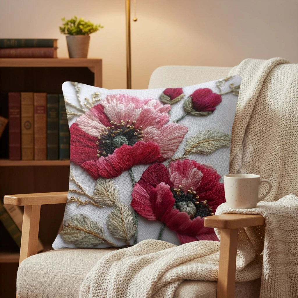 coussin carré blanc motif floral fleurs roses feuilles vertes bohême opacité 100% polyester lit