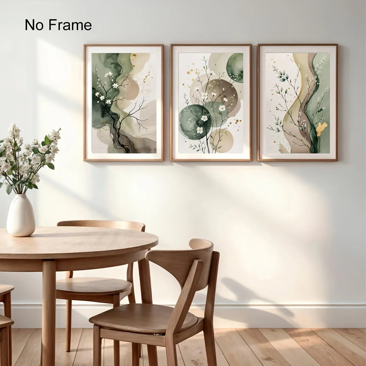 toiles d'art abstrait modernes vertes cadres bois salon decoration minimalistes