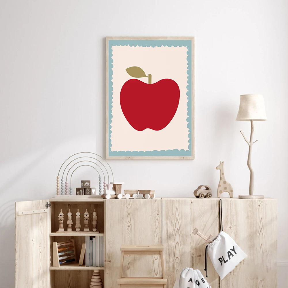 toile d'art illustration simple colorée maison chaussures lune objets enfant chambre rose rouge vert