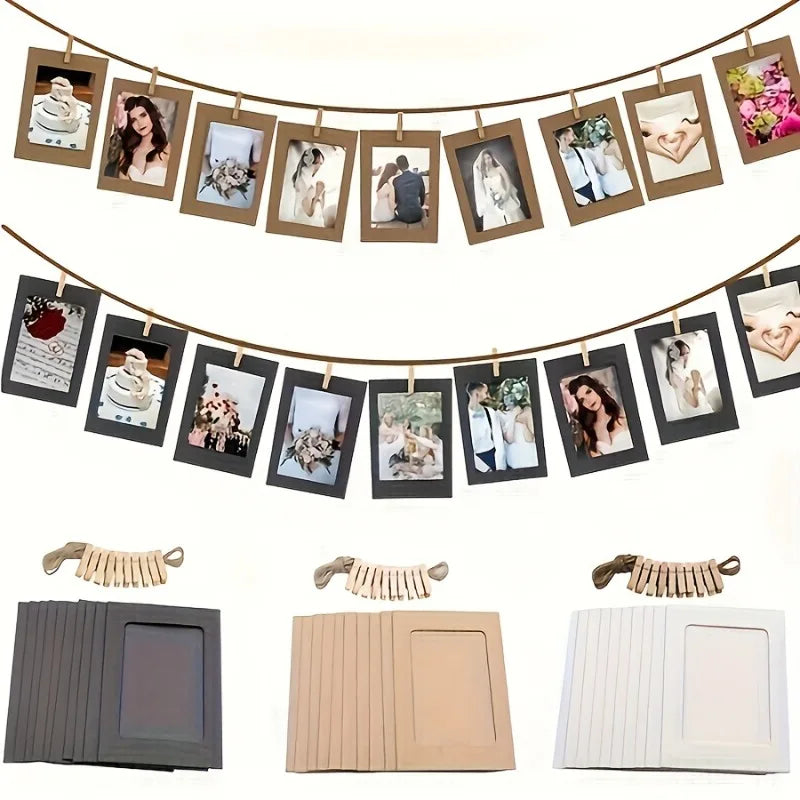cadres photo papier kraft vintage clips bois cordelette décoration mur anniversaire mariage fêtes