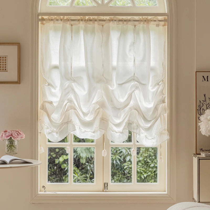 rideau blanc voile plissé moderne élégant transparent pompons 100x120cm 140x120cm 140x160cm