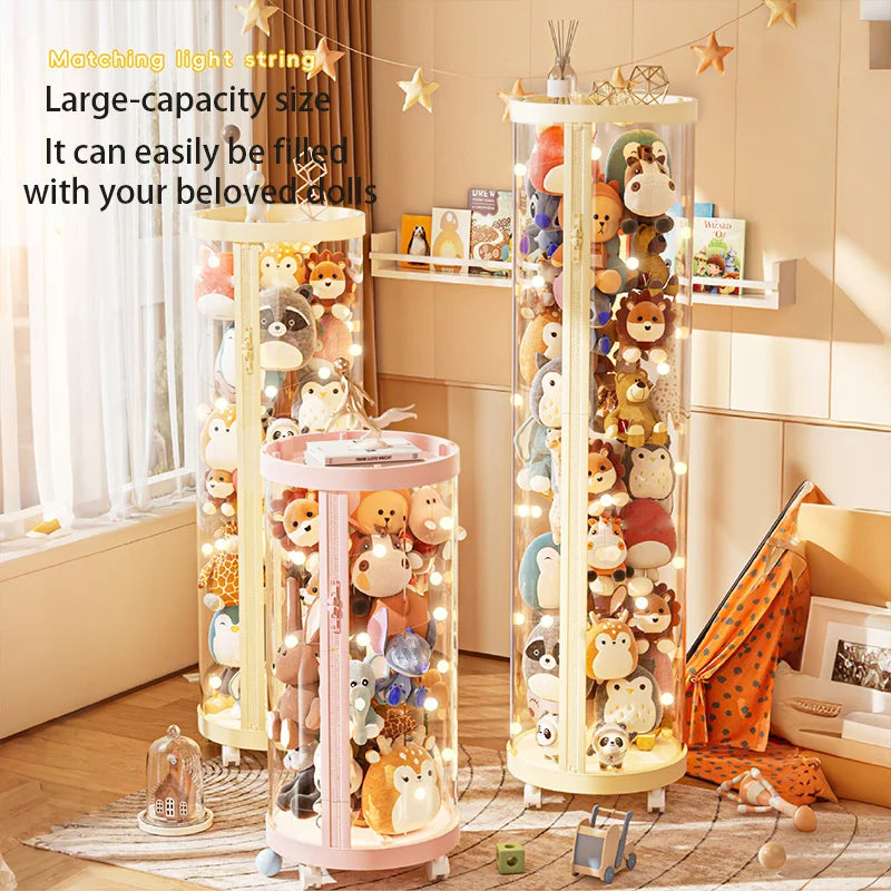 boîte rangement rotative transparente jouets roulettes fermeture éclair rose beige