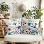 housse coussin polyester motif floral bleu violet rose moderne blanc