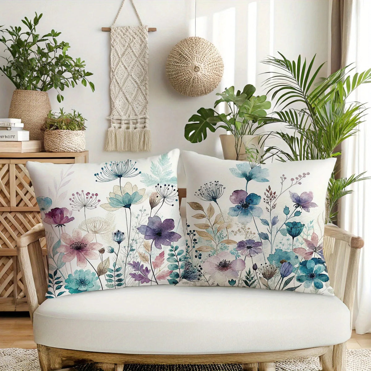 housse coussin polyester motif floral bleu violet rose moderne blanc