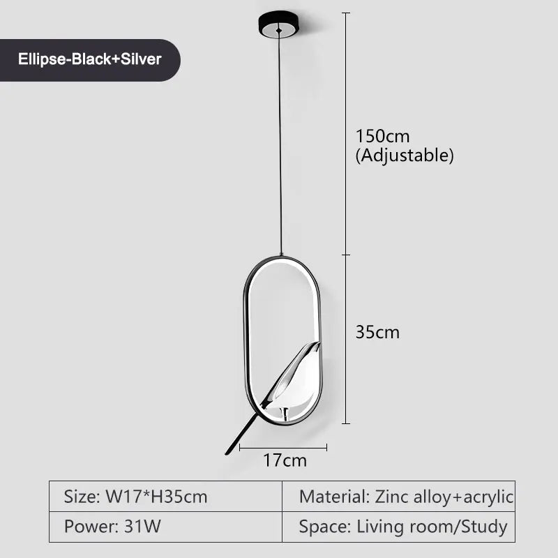 Suspension lumineuse ovale contemporaine oiseau noir doré salon chambre