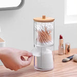 boîtes rangement cosmétiques transparentes couvercle bois moderne coton tige lingettes pinceaux rouges lèvres