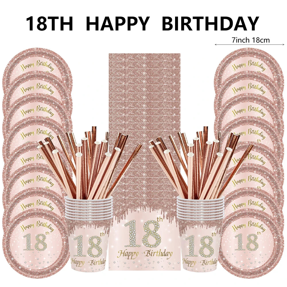 ensemble vaisselle jetable anniversaire rose gold assiettes serviettes gobelets pailles paillettes décoratif fête