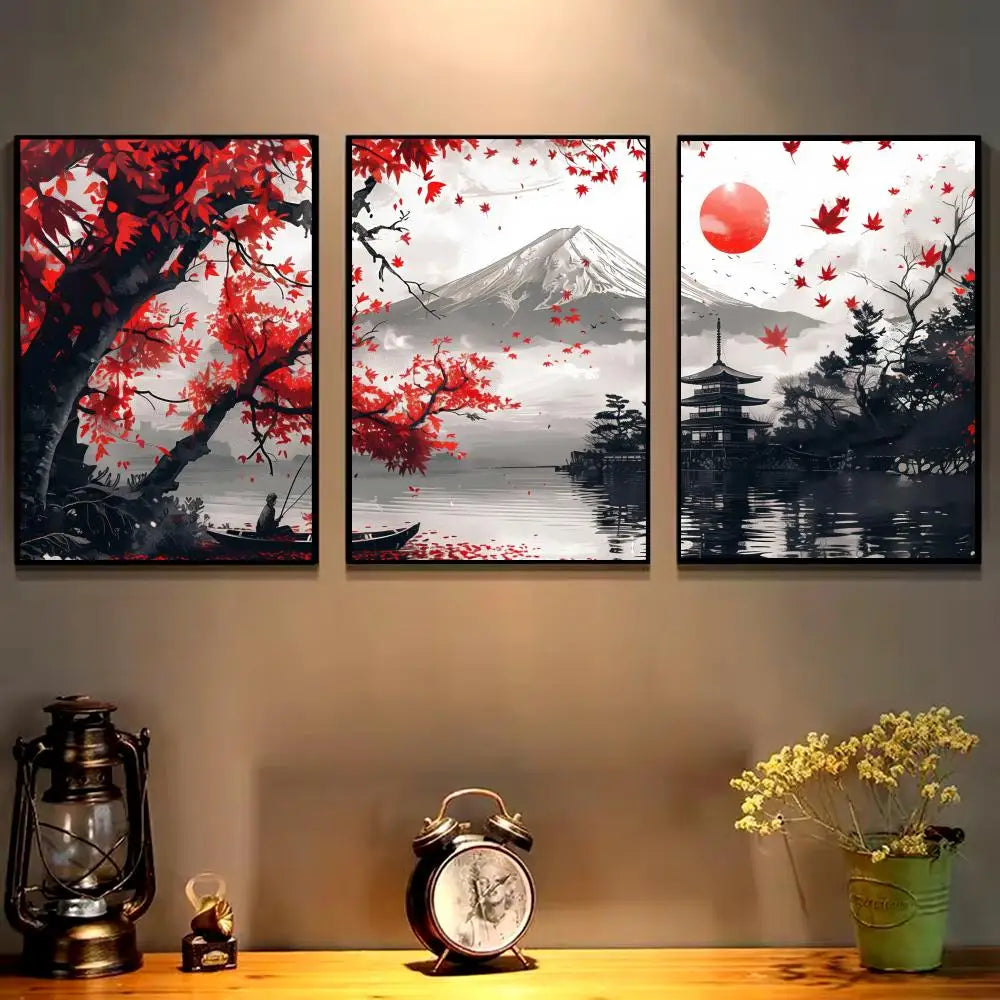 paysage japonais montagne lac pagode tableau rouge noir blanc gris sans cadre art contemporain