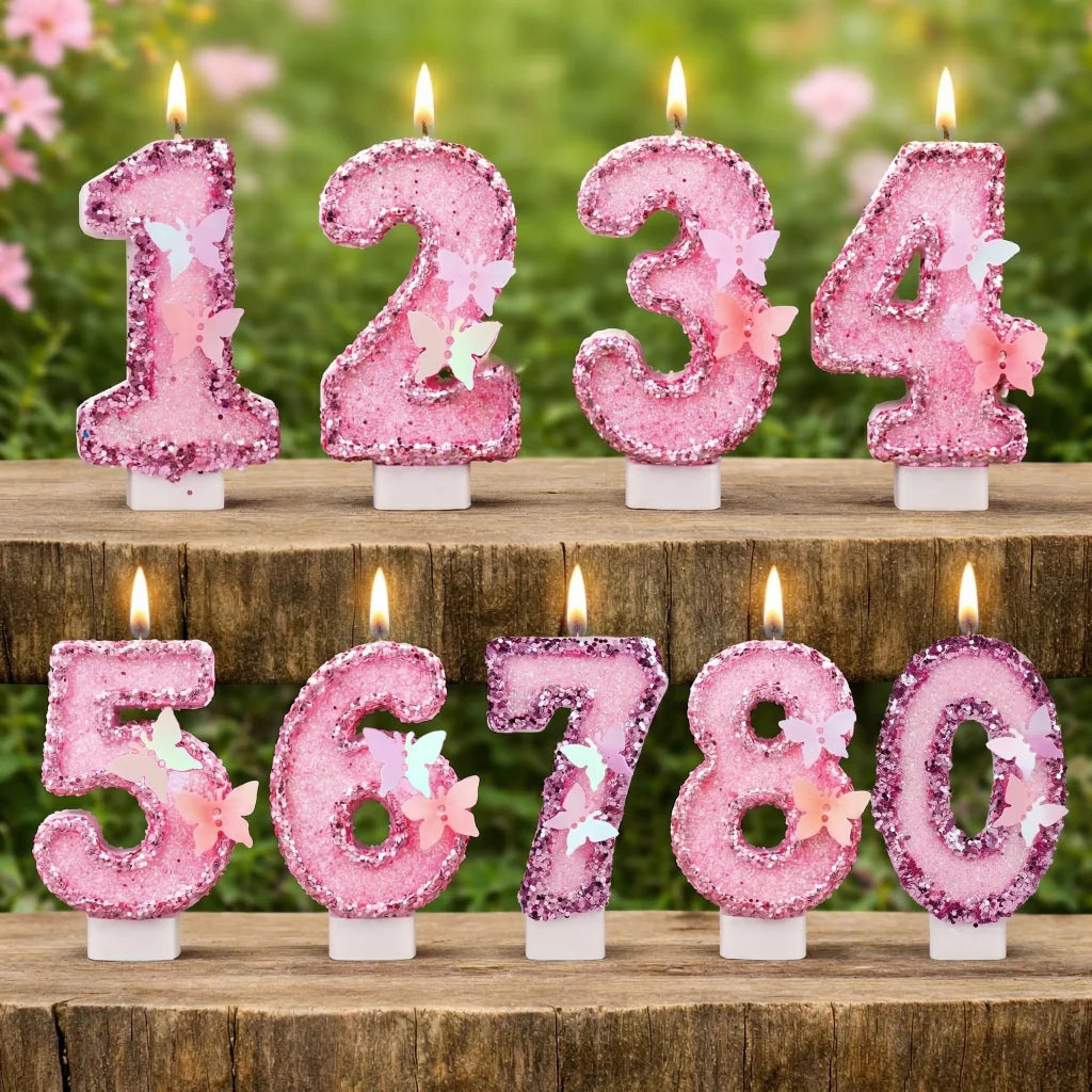 bougies anniversaire forme chiffres rose pailletées papillons relief festives