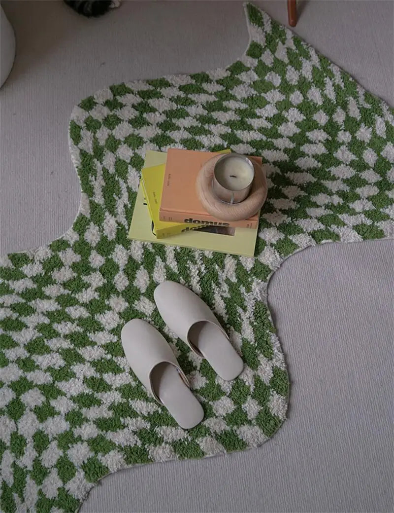 tapis vert blanc carreaux géométriques moderne antidérapant polyester moelleux chambre adultes lavage machine main