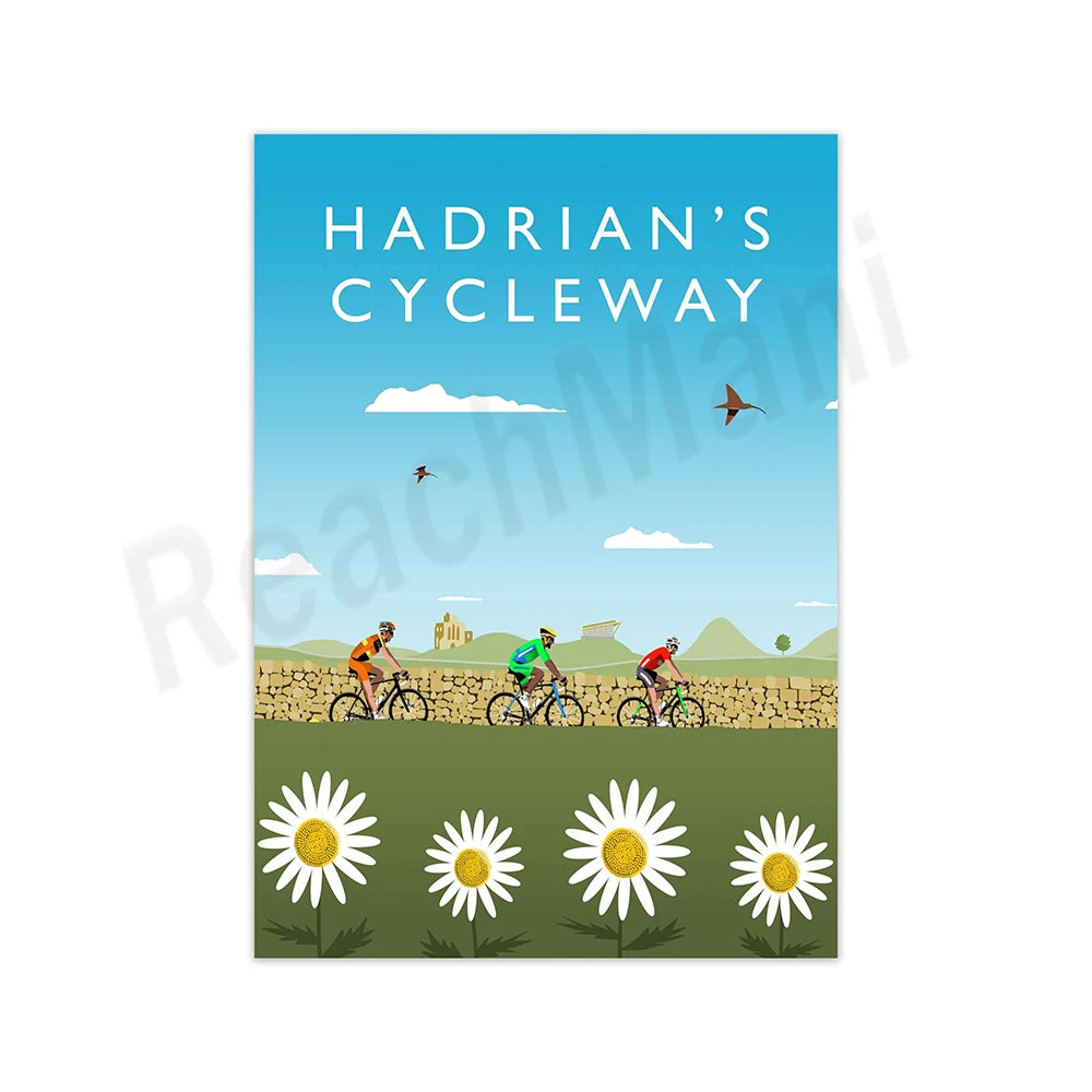 L'image illustre le parcours cycliste de Hadrian, avec des cyclistes roulant sur une route entourée de paysages vallonnés, de fleurs de marguerites et d'un ciel bleu avec des nuages.