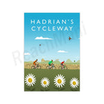 L'image illustre le parcours cycliste de Hadrian, avec des cyclistes roulant sur une route entourée de paysages vallonnés, de fleurs de marguerites et d'un ciel bleu avec des nuages.