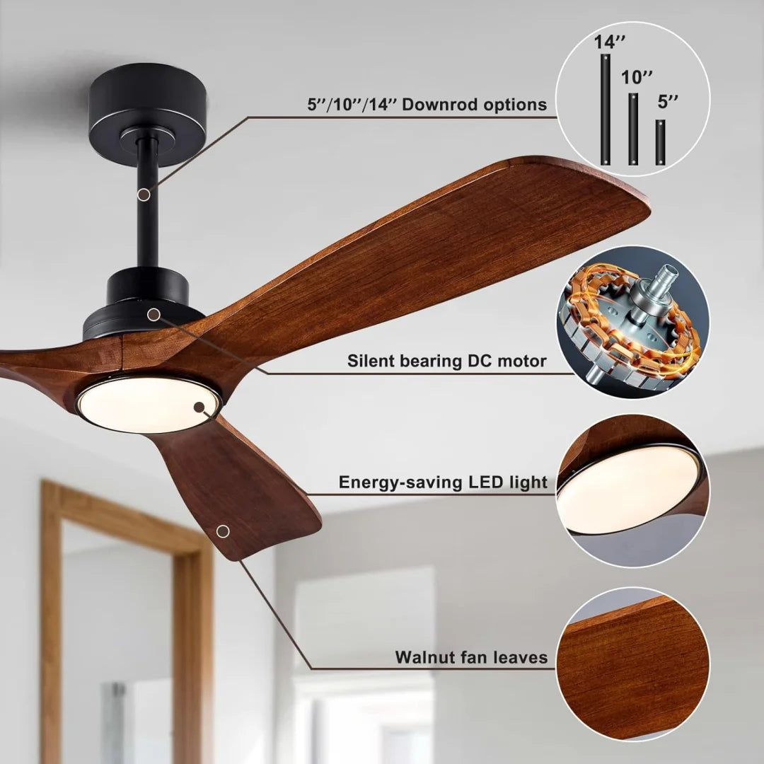 ventilateur bois noir led télécommande 6vitesses lumiere réglable moderne minimaliste