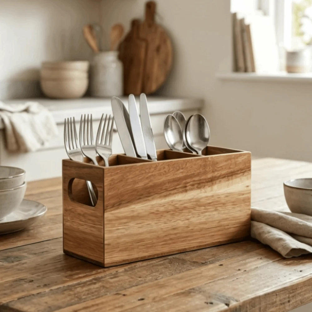boîte couverts bois marron clair texture naturelle moderne rustique cuillères fourchettes couteaux assaisonnement huile