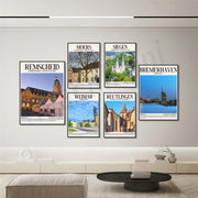affiches encadrées villes allemandes rétro paysages urbains couleurs vives cadres noirs