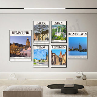 affiches encadrées villes allemandes rétro paysages urbains couleurs vives cadres noirs