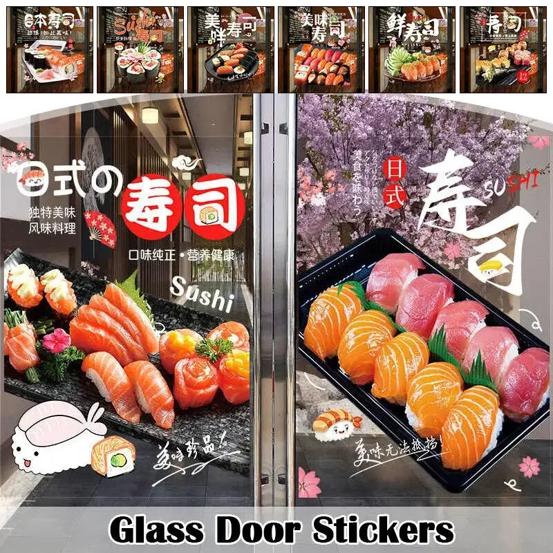 autocollant mural décoration restaurant sushi japonais assortiment sushis saumon thon avocat mur vitrine 50x70cm