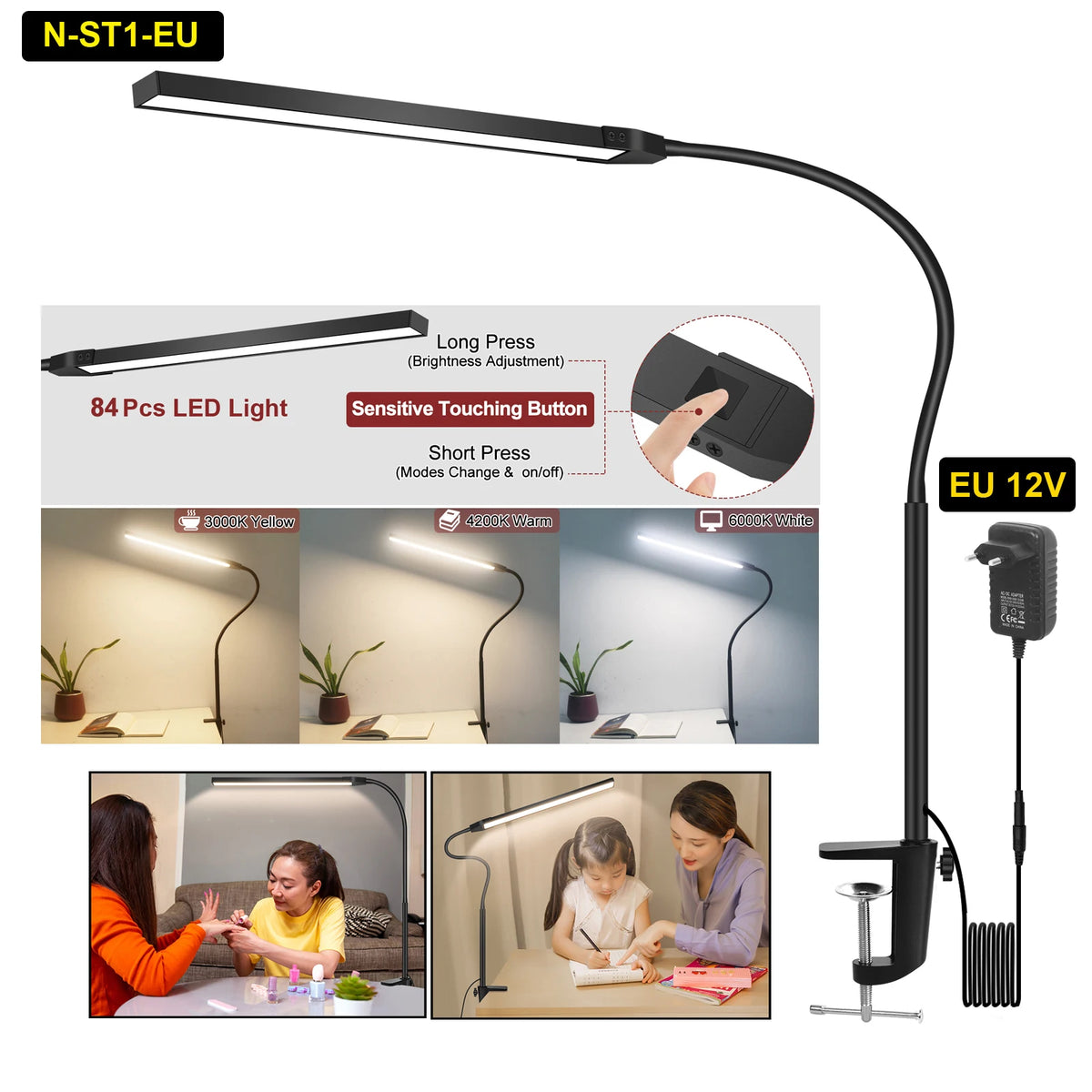 lampe led noir moderne 360 clip tactile 12v 12w adaptateurs us eu