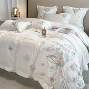 Parure de lit gaze de coton 100% coton égyptien brodée fleurs chic, housse de couette et taies d'oreiller