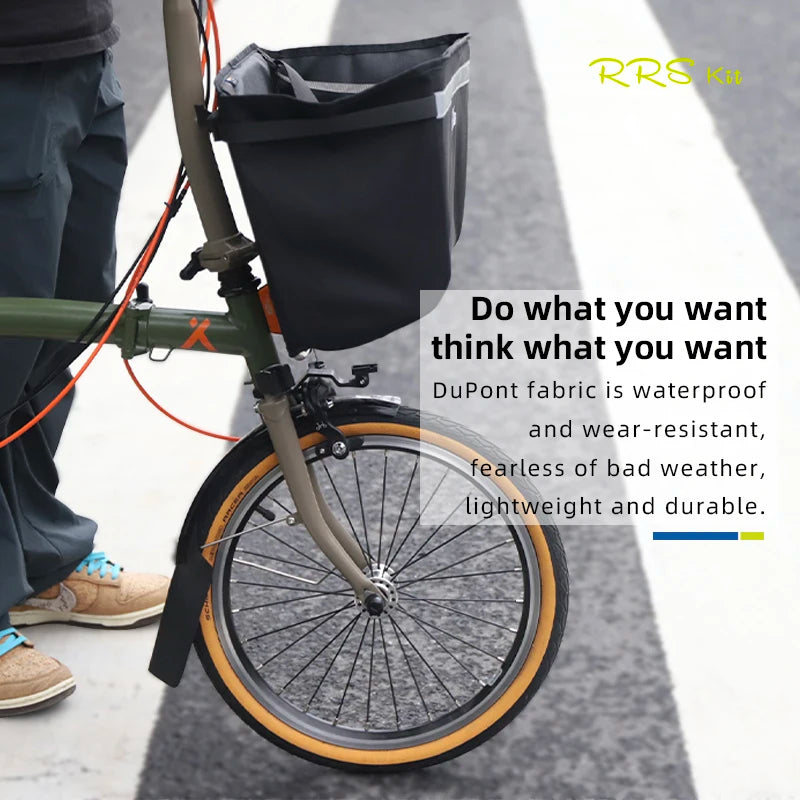 sac vélo brompton étanche noir panier avant utilitaire anse réfléchissante tissu mat nylon minimaliste
