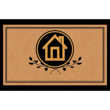 tapis d'entrée marron clair motif maison branches bordure noire imperméable antidérapant extérieur intérieur