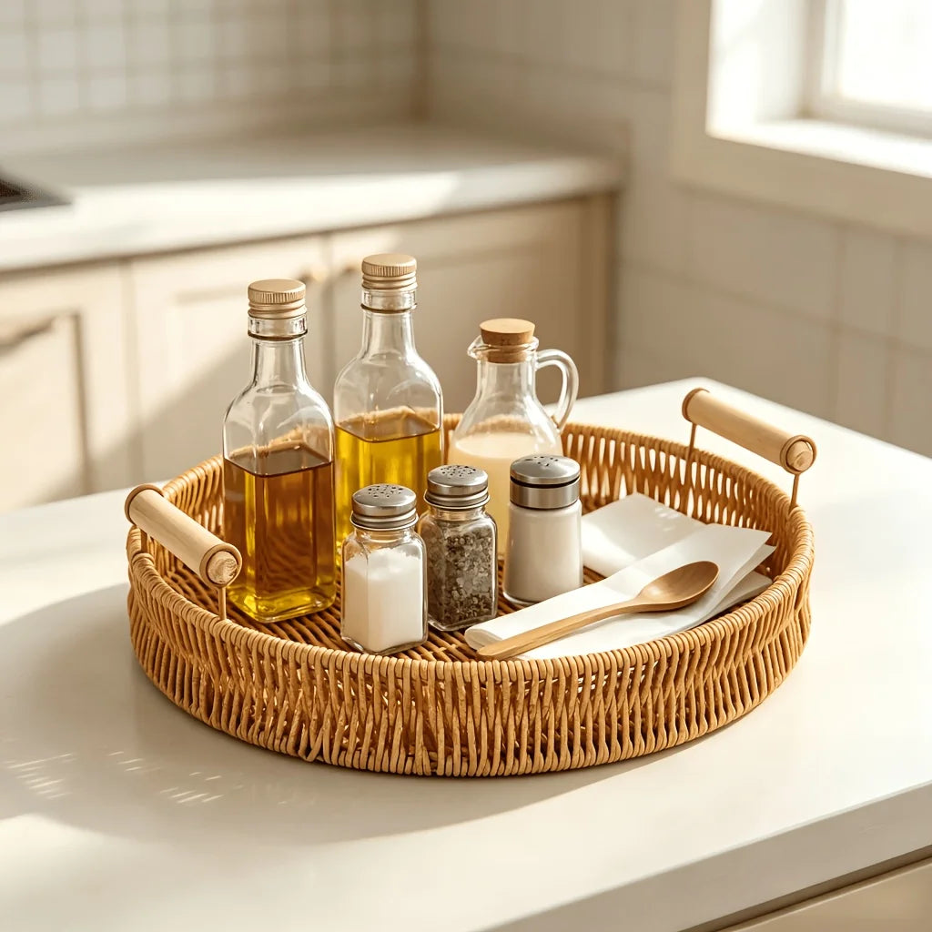 panier rotin tissé moderne poignées bois beige clair rangement cuisine chambre