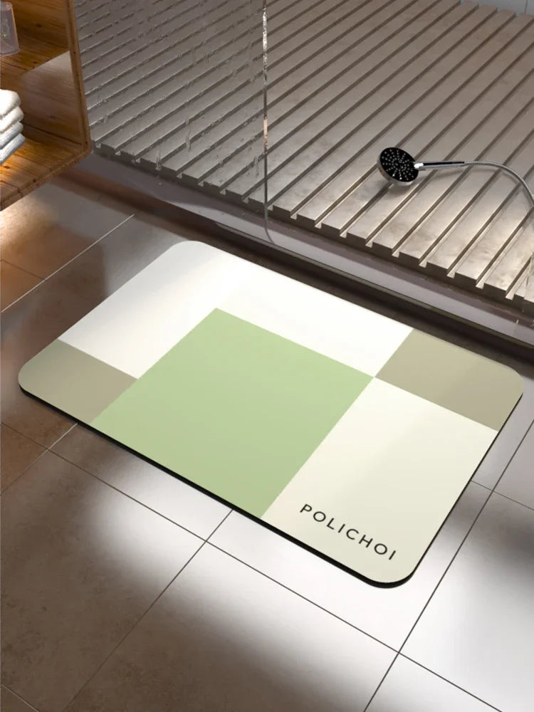 tapis bain moderne carreaux géométriques gris clair gris foncé beige clair vert pastel résistant