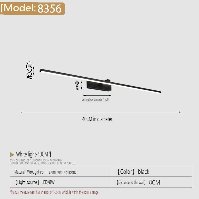 lampe miroir moderne noir blanc led mur 40cm 60cm 80cm 100cm
