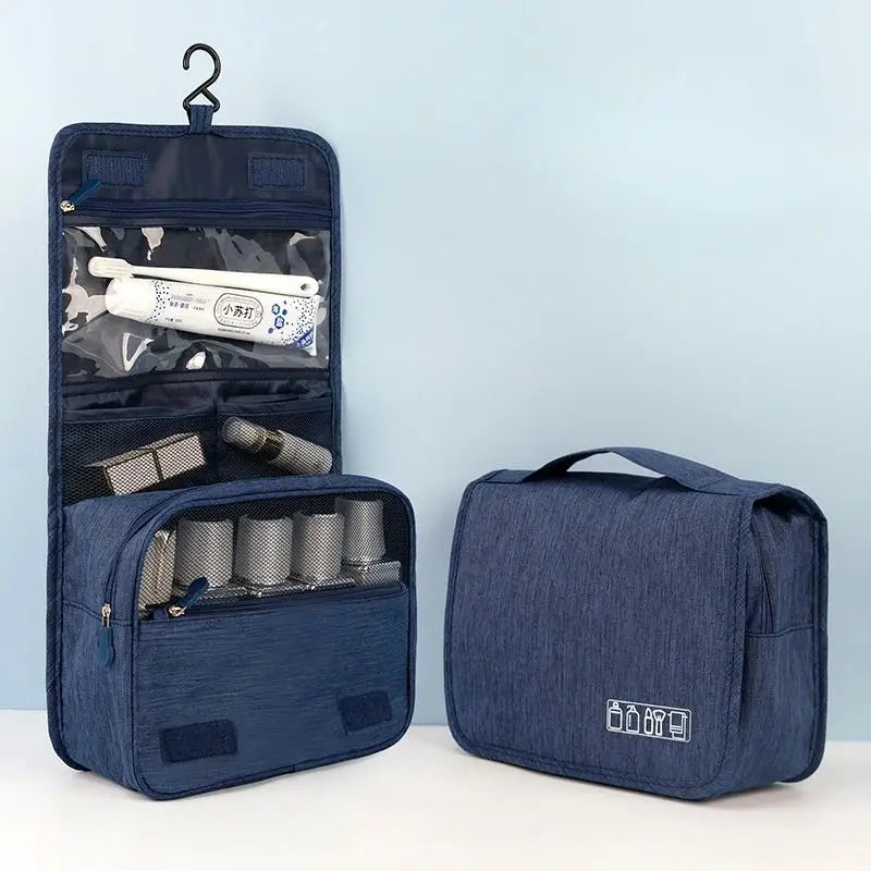 sac toilette pliable suspendu imitation jean bleu marine gris poche transparente brosses dents tubes