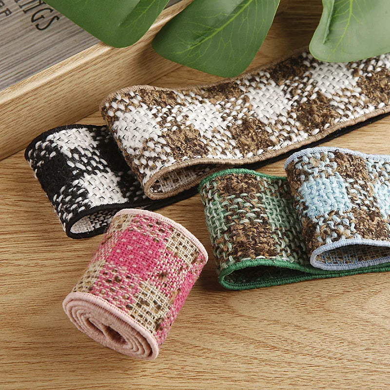 ruban carreaux polyestère noir blanc marron vert rose bleu clair tissé rustique double face