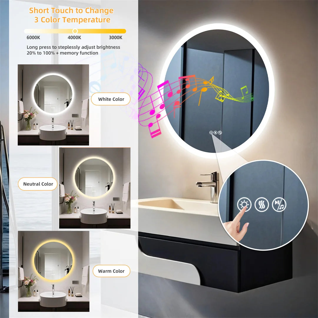 miroir rond moderne blanc notes musicales éclairé bluetooth anti buée led multifonctionnel défogging adjustable