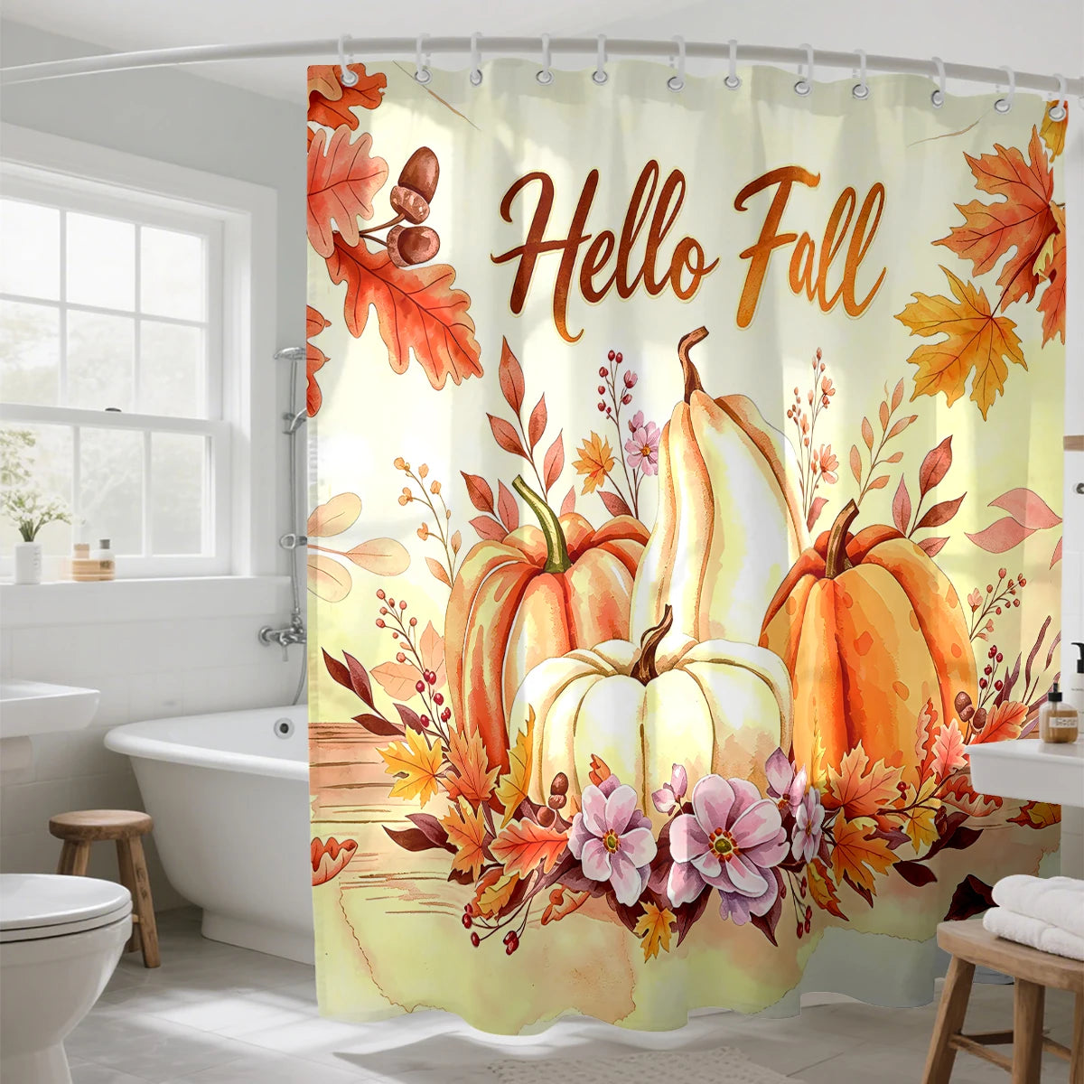 rideau douche automnal motifs citrouilles feuilles d'érable hello fall orange marron polyester tringle rideau