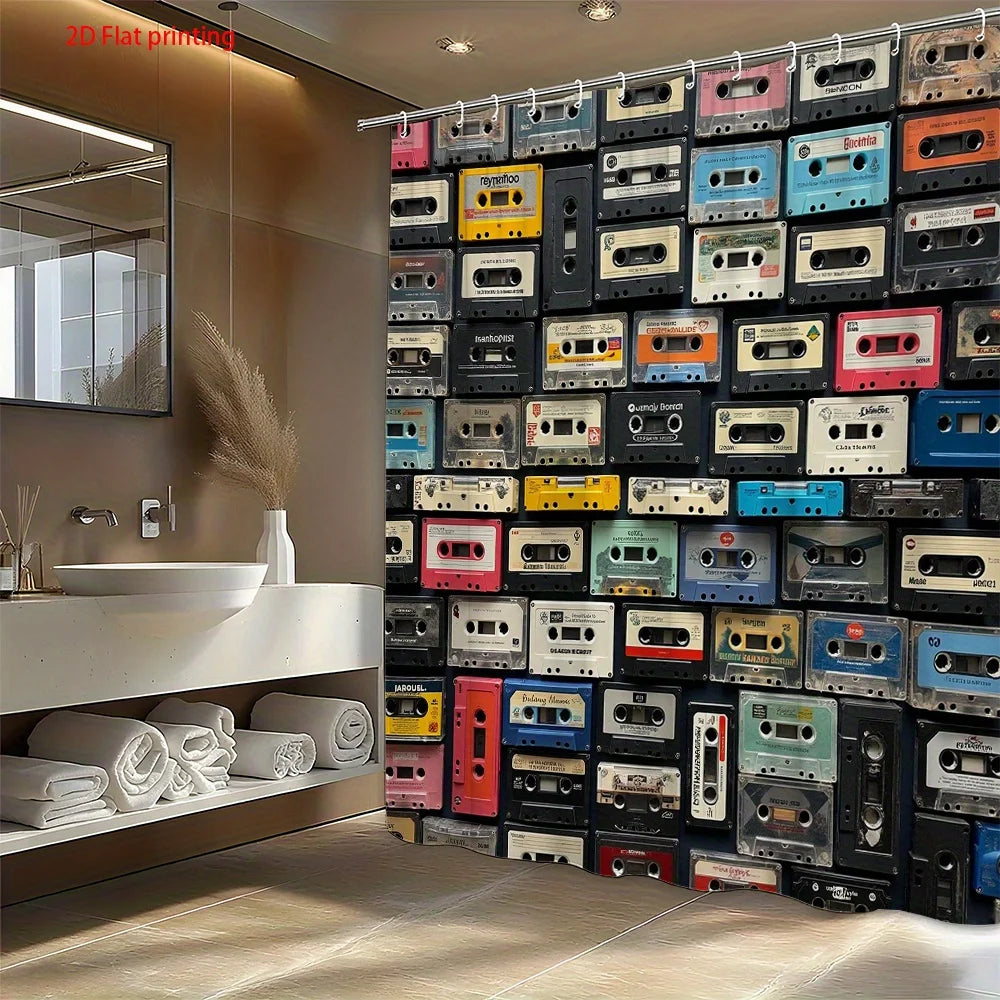 rideau douche rétro motif cassettes audio multicolore polyester opacité crochets métalliques vintage 180x180cm machine