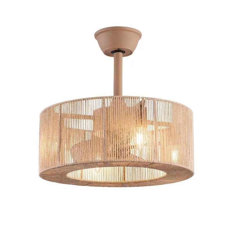 lampe suspendue tissu tressé beige moderne rustique télécommande led salon chambre