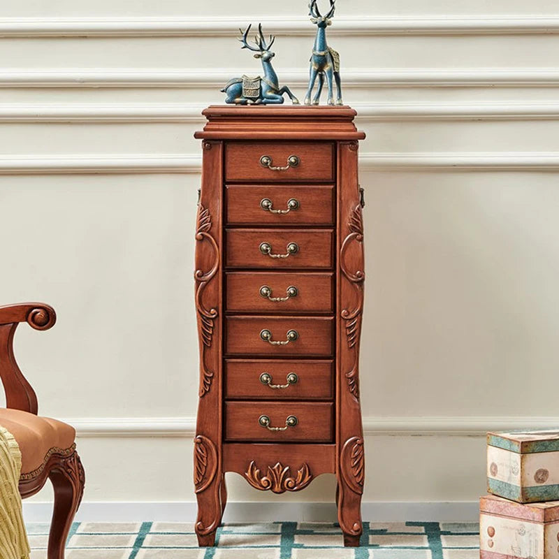 armoire bijoux bois massif tiroirs miroir compartiments vintage classique poignées métalliques salon chambre