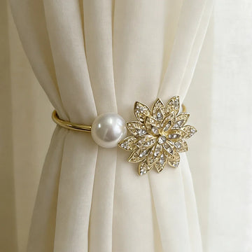 fermoirs rideau or blanc fleurs strass classiques anneaux decoration salon vintage opaque traditionnel