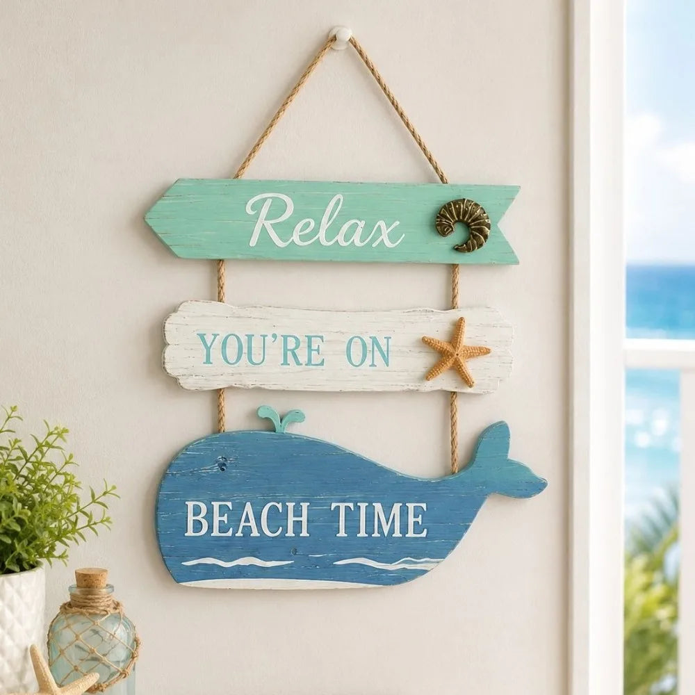 panneau decoratif mural bleu blanc motifs marins coquillage baleine corde fixée plage océan thème