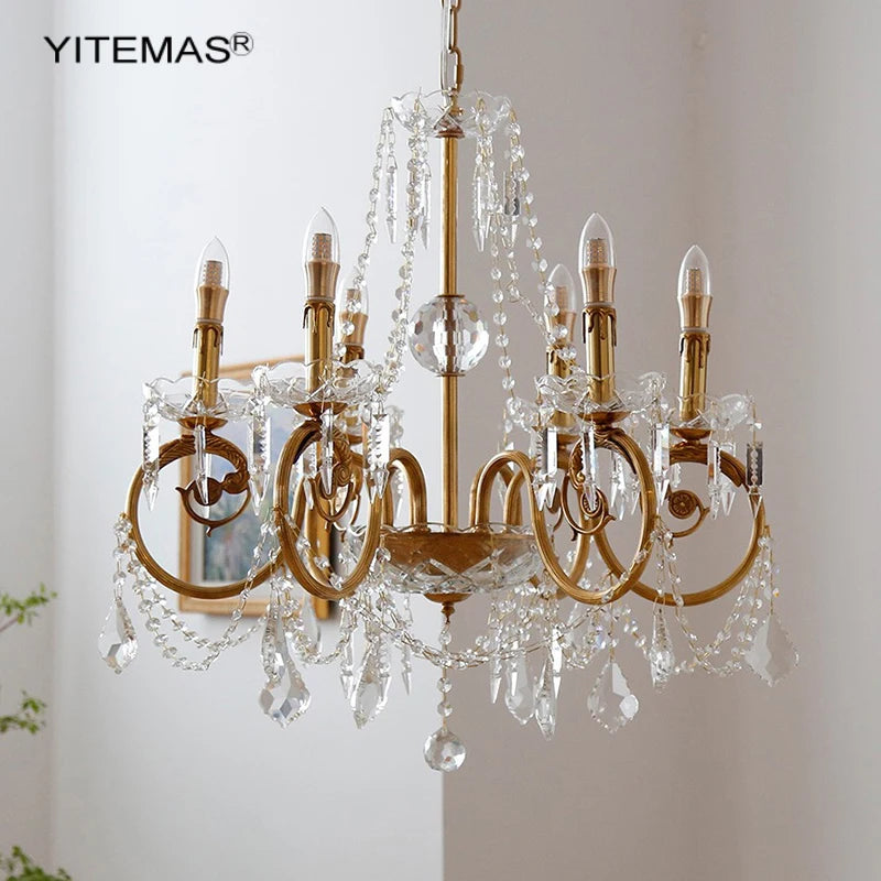 lustre suspendu doré ornements floraux cristal transparent classique ampoules chaîne pendeloques