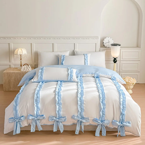 ensemble literie rose blanc rubans plissés noeuds décoratifs classique romantique couvre lit taies oreiller