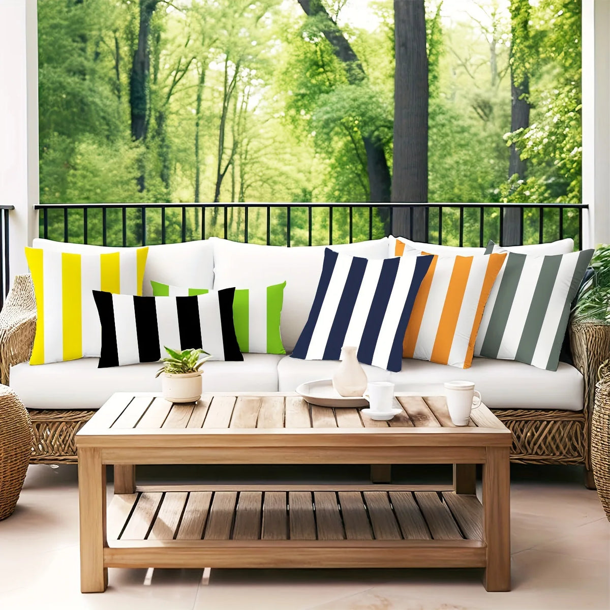 housse coussin imperméable polyester rayé moderne blanc jaune noir bleu marine vert orange