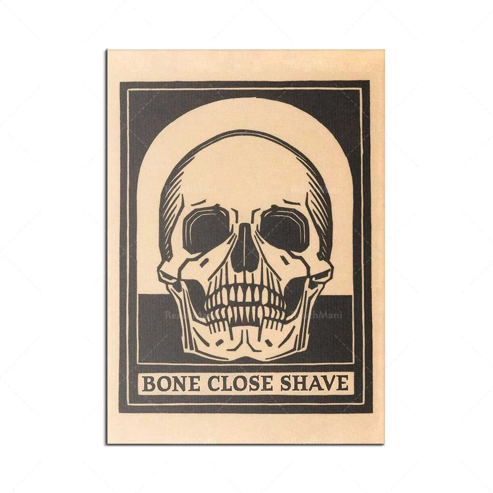 Une illustration minimaliste d'un crâne avec le slogan "Bone Close Shave", suggérant un produit lié à la coiffure ou à la rasage.