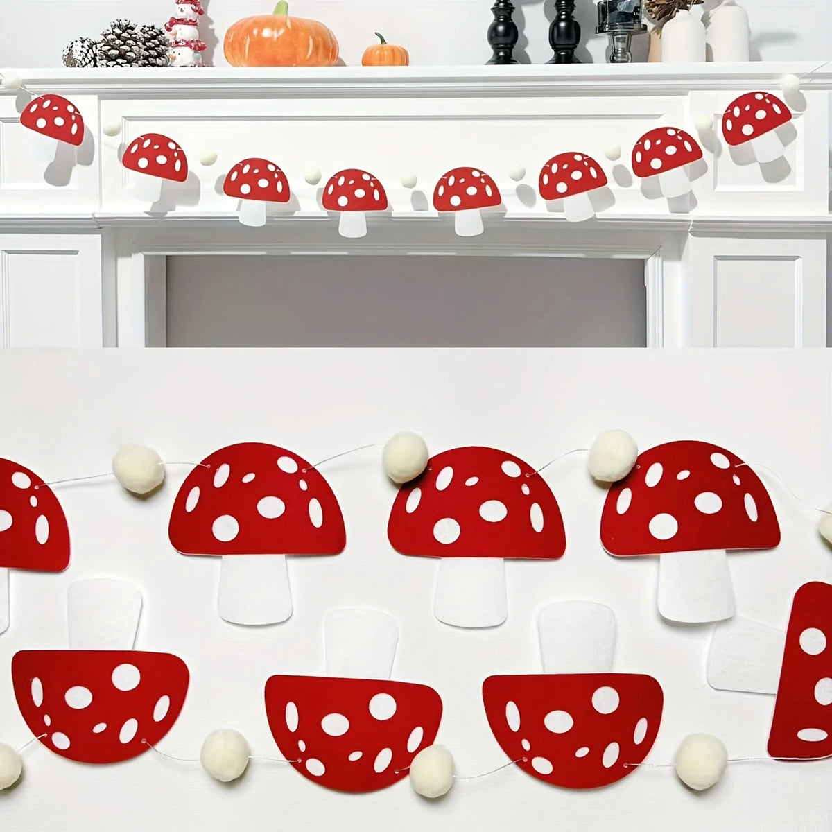 guirlande champignons rouge blanc décoration anniversaire noël enfantin festive 150cm 15 champignons pompons adhésif