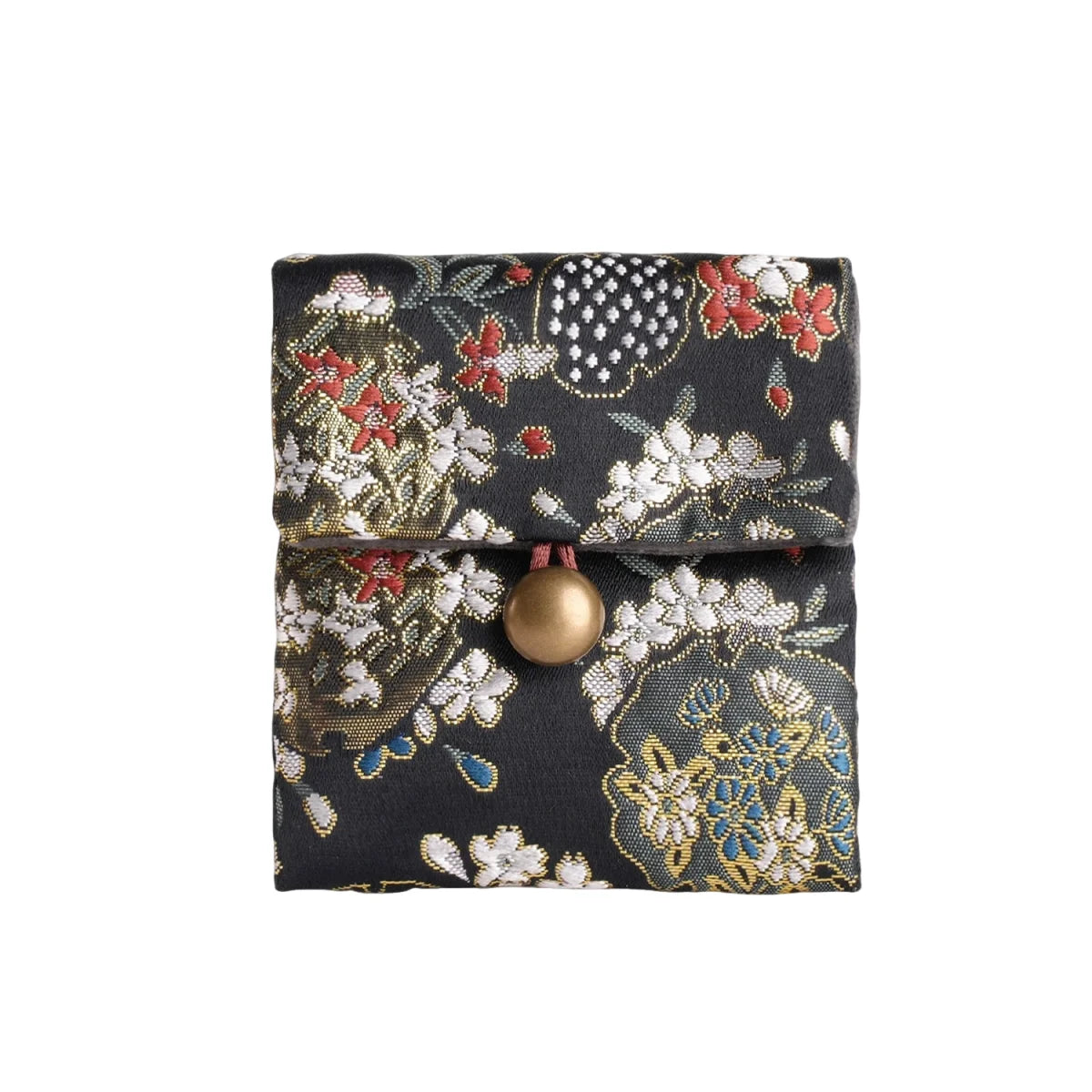 porte bijoux réutilisable tissu polyester fleurs motif floral bouton doré violet noir rouge vert