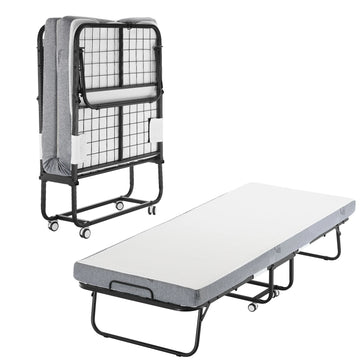 lit pliant gris moderne matelas mousse mémoire forme roulettes couverture amovible protection tapis