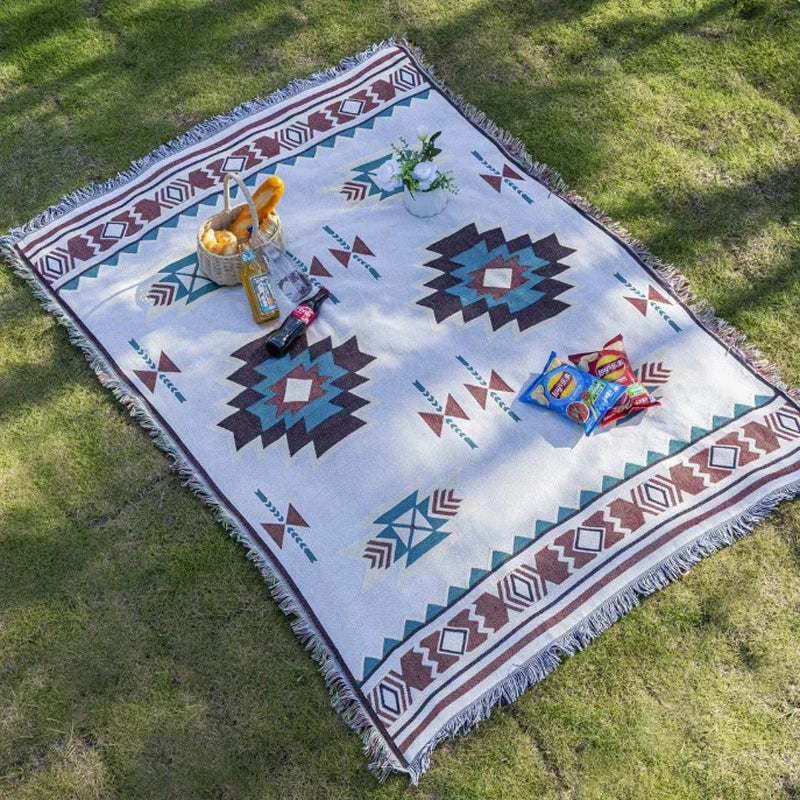 couverture boho ethnique motifs géométriques portable pique nique voyage blanc marron bleu noir