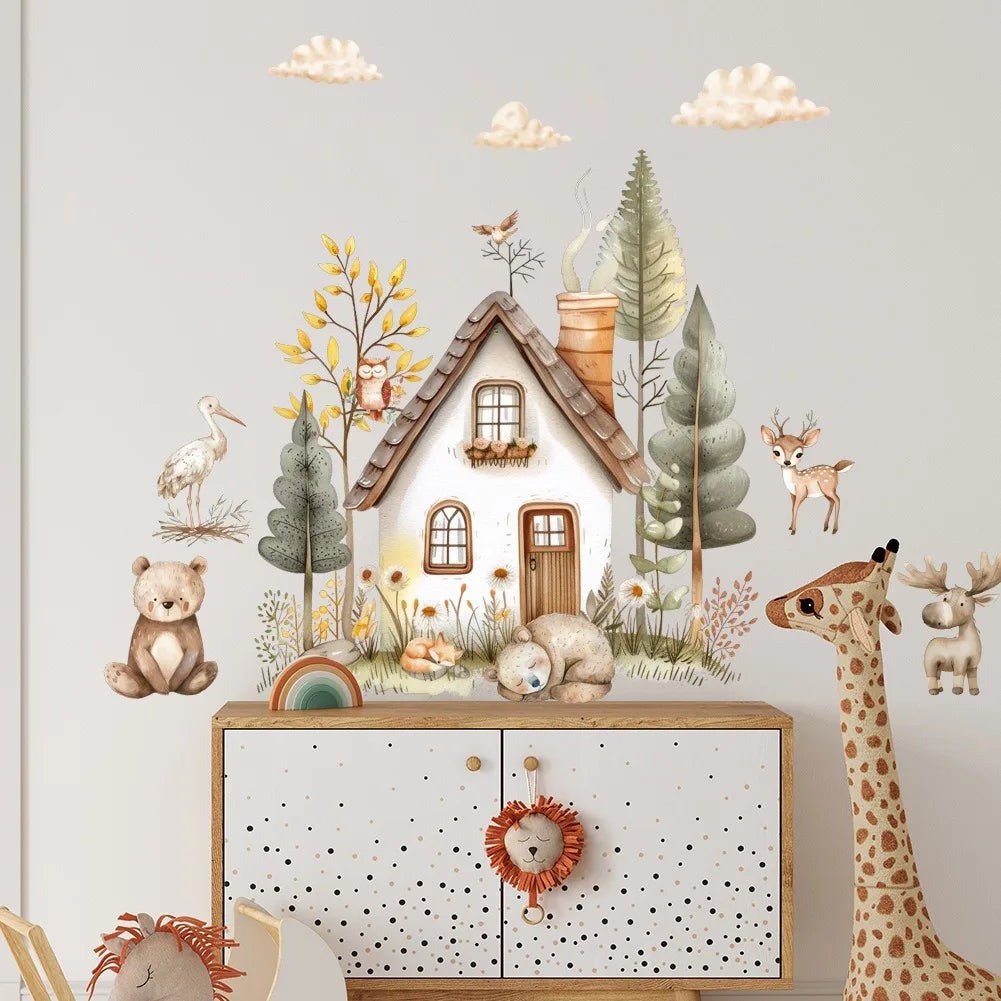 sticker mural illustration aquarelle maison animaux foret enfantine decoration nuages arbres